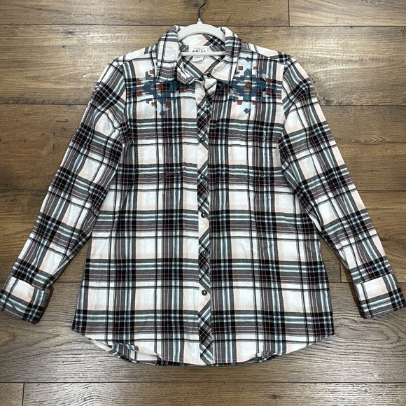 Ariat Flannel Shirt Womens Small Plaid Western Embroidered Top Button Multicolor - Picture 1 of 14